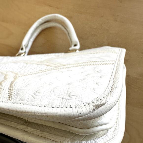 VTG Caprice Patchwork Handbag Snakeskin Leather Retro Ostrich Embossed White - Picture 8 of 9
